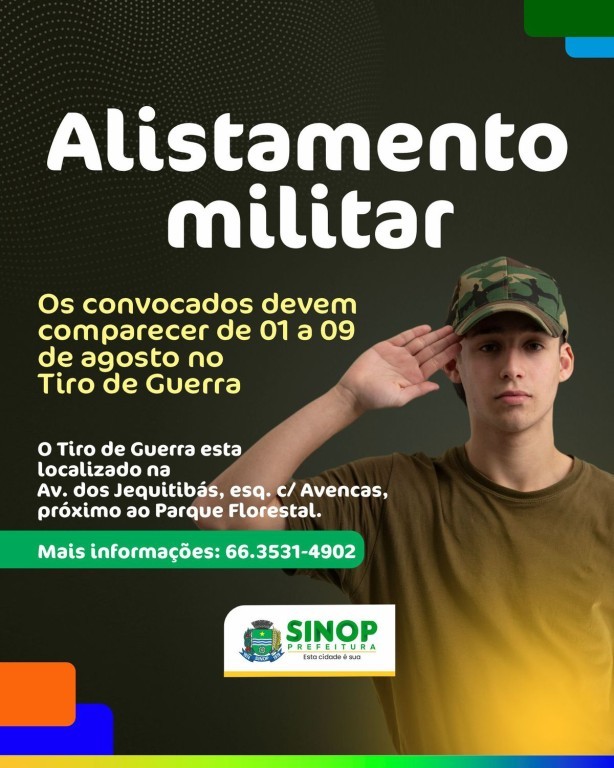 Alistamento Militar: convocados devem comparecer de 01 a 09 de agosto no Tiro de Guerra