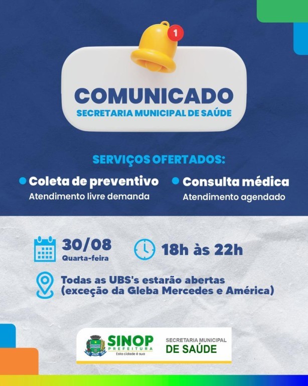 Nesta quarta-feira (30) tem horário estendido de atendimento nas UBS’s