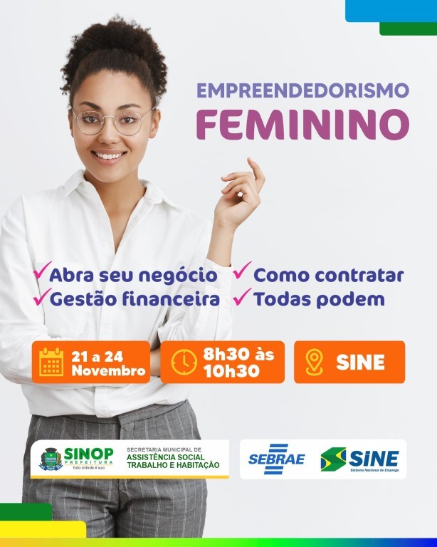 Mulheres de Sinop poderão participar gratuitamente de ciclo de palestras sobre empreendedorismo feminino